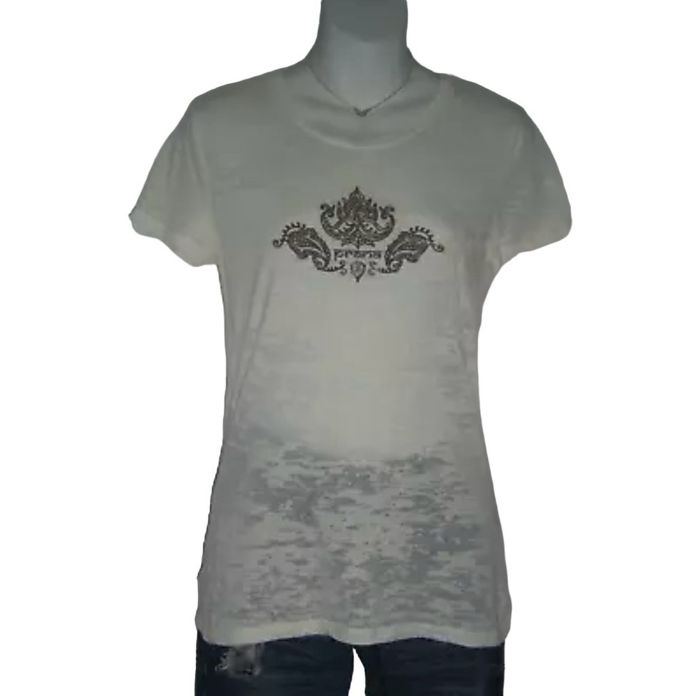 PrAna Tee Shirt Ivory Burn Out Brown Logo Artwork Casual Athleisure Sporty Yoga